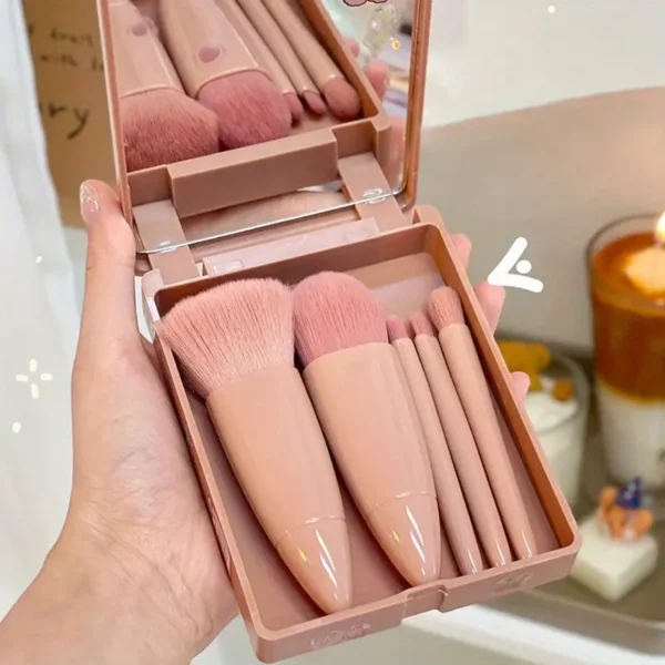 Juego de 5 Brochas de Maquillaje Compactas de Lujo con Espejo y Estuche de Belleza Mujeres