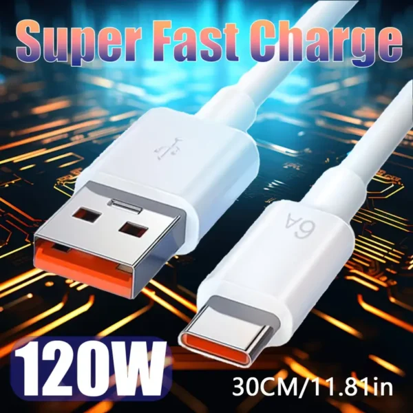 Cable de carga rápida USB a Type-C hecho de goma, compatible con 120W, carga rápida de 6A