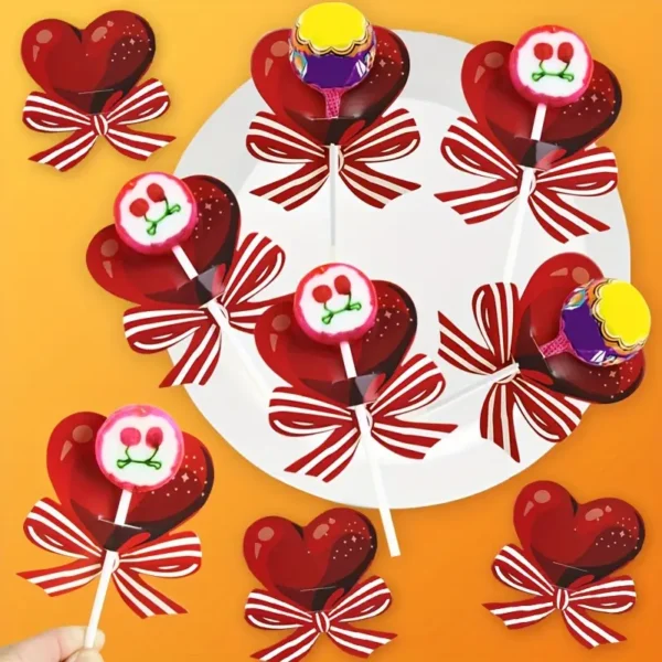 50 paletas de caramelo de San Valentín con decoración de tarjeta de papel con corazón y lazo